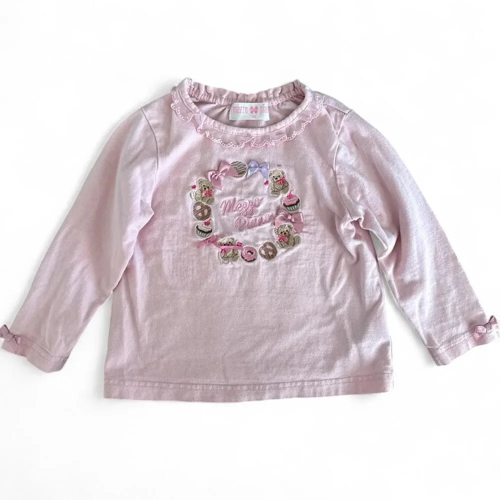 Mezzo Piano Long Sleeve Bear Embroidered Top | Size 90 (2T)